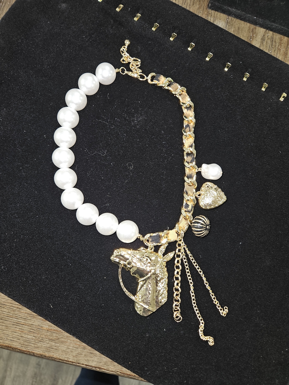 Gold and White Pearl Charm Necklace with Horse Pendant - Women Jewelry